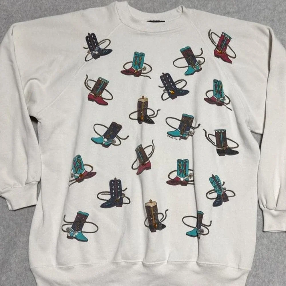 90s PGB Cowboy Boots Rhinestoned Crewneck Sweatshirt One Size - Picture 1 of 8